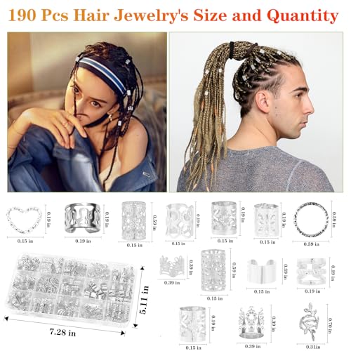 190 Pcs Hair Jewelry for Braids,Gold Hair Jewelry for Braid Accessories,Loc Jewelry for Hair Dreadlock with Ring Cuffs Clips Charm Dreadlock Accessories Hair Decorations for Men Women Girl (Silver) - color: Silver