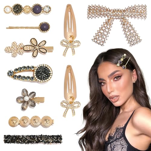 10PCS Y2K Hair Clips Black Gold Bow Hair Clip Vintage Non Slip Flower Hair Barrettes Sparkly Rhinestone Hair Accessories for Women - color: Black