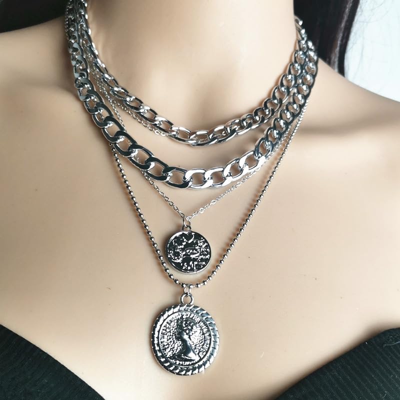 Todenb Pirate Necklace for Women Pirate Costume Accessories Pirates Outfit Jewelry Gold Coin Pendant Necklace Gold Layered Necklaces Halloween - color: A-Silver