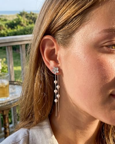 MUMREUES Gold Earrings for Women Trendy 14k Gold Plated Cubic Zirconia Flower Dangle Earrings Hypoallergenic Dainty Pearl Drop Chain Earrings Jewelry Gifts for Her - color: Flower & Silver