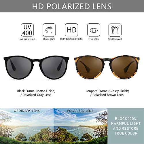 SUNGAIT Premium Vintage Round Sunglasses for Women Men Classic Retro Trendy Style - color: 2 Pack (Polarized): Matte Black/Gray+glossy Leopard/Brown