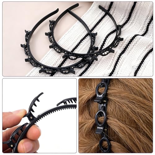 2 Pcs Headband with Clips, 90s Butterfly Hair Clips Headband with Teeth for Women, Braided Weave Bangs Non-Slip Clip Headbands Hair Accessories for DIY Styling Decoration- Black - color: 2 Pcs Black