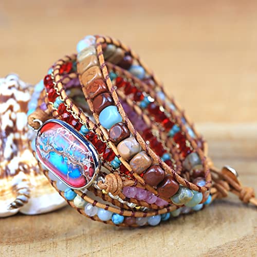 Women Wrap Bracelet Boho Natural Jasper Crystal Stone Beads Strand Bracelets - color: Emperor Stone