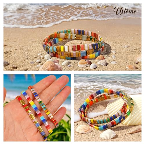 Tila Flat Square Stack Beaded Bracelets Set for Women Men, Boho 3Pcs Romantic Handmade Healing Gold Colorful Stretch Accessories Jewelry, Daily Vacation Party Holiday Friendship Gift - color: Rainbow