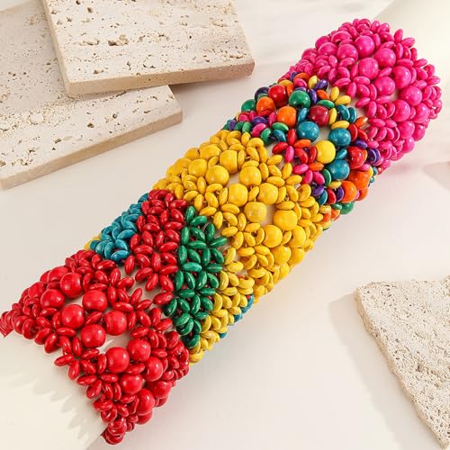 Boho Wide Chunky Colorful Wooden Thick Shell Elastic Stretch Bracelet Handmade Bohemia Summer Beach Vacation Adjustable Lightweight Wood Wristband Jewelry for Women - color: red