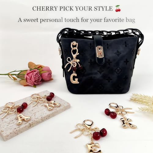 Cute Initial Cherry, Bow, Heart & More Styles - Personalized Keychain Bag Charms & Purse Accessories for Handbags - color: Red Cherry, style: G