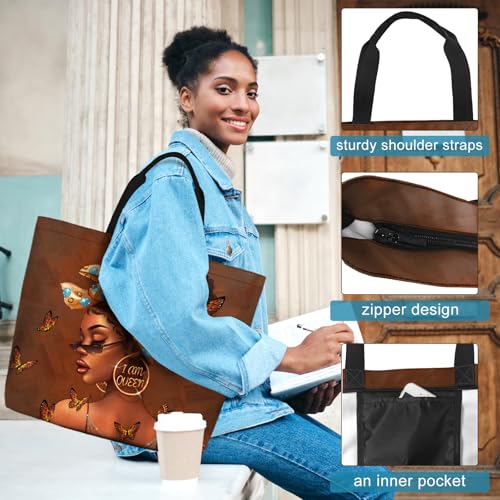 African American Women Tote Bag Black Shoulder Handbag For Women Fit Work Beach Labtops With Zip - color: Black Women 9