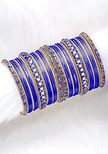 Aheli Ethnic Colorful Metal Bangles Chudha Set Stone Studded Bangle Set Indian Wedding Wear Fashion Jewelry Gift for Women Blue - color: Blue