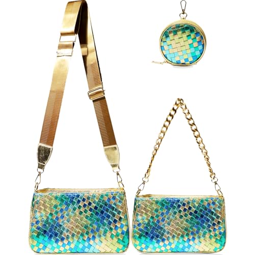 Handmade Woven Small Crossbody Bag for Women with Coin Purse, Designer Shoulder Handbag 3pcs Set, Mini Tote Clutch - color: Green Multicolor