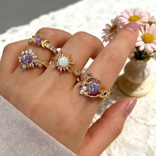 Gold Rings for Women Non Tarnish Stackable Rhinestone Moon Star Rings Dainty Stacking Pearl Butterfly Midi Pinky Thumb Joint Finger Knuckle Ring Set Gold Non Tarnish Jewelry Gifts Trendy Stuff - color: U Gold Moon Sun Rings 4Pcs