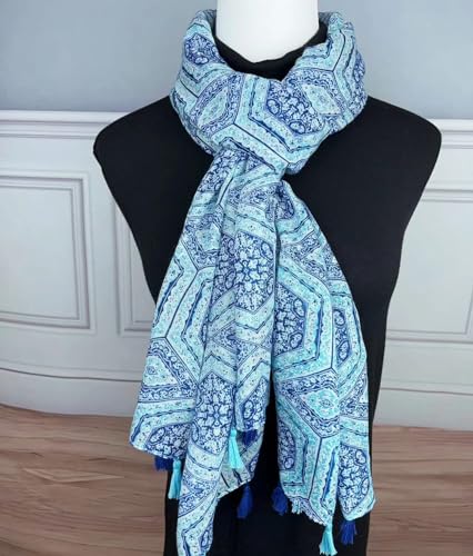 WaJuemy Travel Boho Scarf for Women Casual Lightweight Pashmina Scarves Fashion Multicolor Shawl Wraps with Fringed Beads - color: 03 Teal Floral