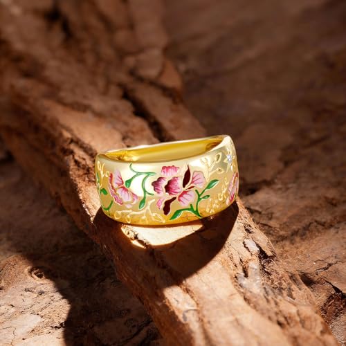 Santuzza 925 Sterling Silver Enamel Flower Pattern Ring for Women - color: Peony-Red