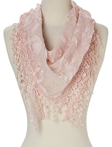 Cindy & Wendy Floral Embroidered Lace Triangle Scarf for Women - color: Pink