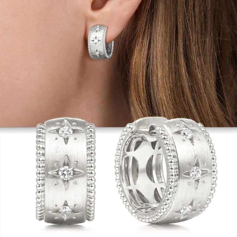 Vintage Star Zirconia Chunky Hoop Earrings for Women Wedding Daily Party Earrings Jewelry Gift - color: silver