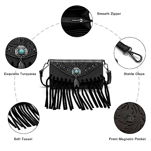 LAVAWA Small Crossbody Bags for Women Crossbody Handbag Fringe Purse Tassel Shoulder Bag Turquoise Concho Wallet - color: Western Black