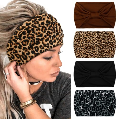 Huachi Wide Headbands for Women Black Stylish Head Wraps Boho Thick Hairbands Large African Leopard Printed Sport Yoga Turban Headband Hair Accessories (Pack of 4) - color: Solid Color & Leopard Printed