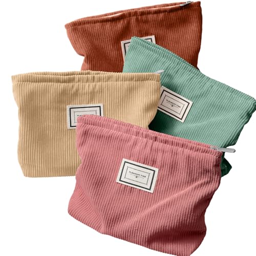 Sanwuta 4 Pack Velvet Makeup Bag Cosmetic Bag for Women Large Capacity Corduroy Pouch Zipper Canvas Travel Toiletry Purse Make up Organizer Case Accessories(Rainbow Color,Plaid) - color: Rainbow Color