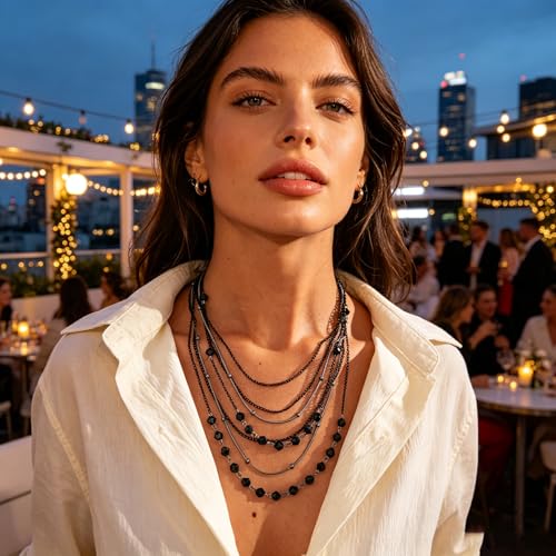 Boho Layered Necklace for Women Stacked Crystal Chain Necklace Beaded Pendant Boho Necklace Trendy Dainty Jewelry - color: Black