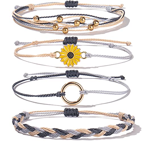 FANCY SHINY Easter Gifts Basket Stuffers Sunflower String Bracelet Boho Braided Rope Wrap Bracelets Cute Summer Beach Surfer Jewelry for Women - color: Ivory