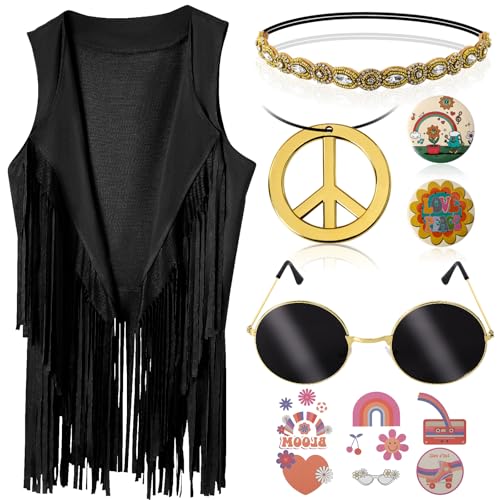 60s 70s Outfits for Women Hippie Costume Clothes Set 70s Costume Tops Women Fringe Hippie Vest for Halloween - color: Black Vest, size: X-Small