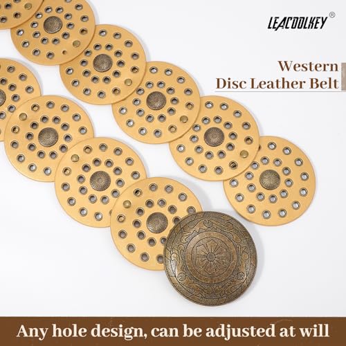 LEACOOLKEY Women's Boho Disc Belt Wide Western Leather Belt Vintage Concho Waist Belts for Dress Jeans - color: A-gold, size: Fits 27"–33" (Waist/Hips), style: Style a