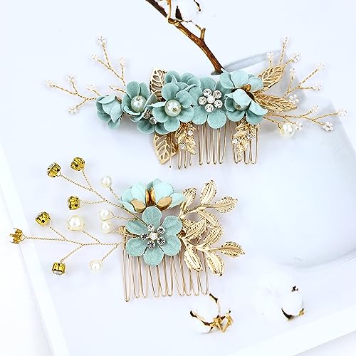 inSowni 20 Pieces Rhinestone Pearl Bridal Wedding Party Prom Light Green Flower Hair Side Combs Slides +U-shaped Floral Hair Pins+Twist Spiral Pearl Hairpins for Brides Bridesmaids Girls Women - color: Light Green