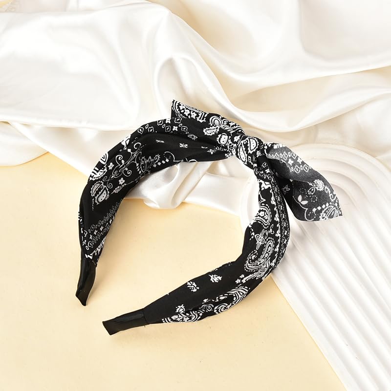 Boho Paisley Bandana Headbands with Knotted Bow and Rabbit Ear Design for Women and Girls - Black Bowknot Hairband Accessories - color: black