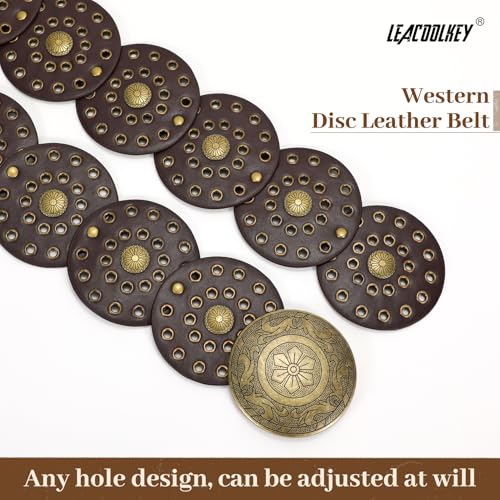 LEACOOLKEY Women's Boho Disc Belt Wide Western Leather Belt Vintage Concho Waist Belts for Dress Jeans - color: A-coffee, size: Fits 34"–39" (Waist/Hips), style: Style a