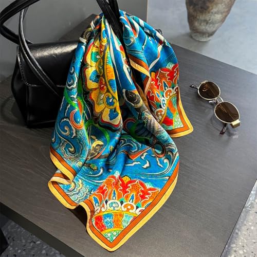 MEISEE 100% Pure Mulberry Silk Scarf 21" Square Scarf Neckerchief Headscarf Breathable Lightweight for Women Gift Packed - color: Blue and Orange Ethnic Style