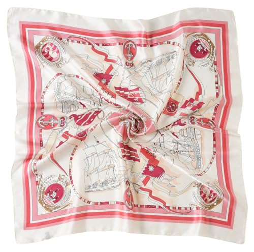 CHUNG Women's Scarf Hair Bandanas Square 27.5" Satin Wrap Fashion Pattern Scarves Emulation Silk Handbag Ribbons Necktie - color: Pink Sailboat