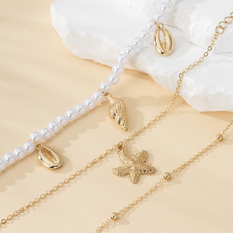 Ankle Bracelets for Women Waterproof Beach Jewelry for Women Elastic Beaded Anklets Boho Seashell Pearl Starfish Anklets for Women Foot Jewelry - style: 3 - 3 layer pearl shell conch