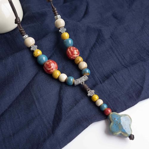 Adjustable Ceramic Beaded Necklace for Women, Boho Handmade Flower Pendant Necklace, Hippie Jewelry for Mom and Wife - color: Blue-Yellow-Red, style: Bohemian