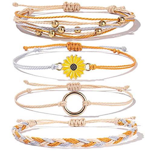 FANCY SHINY Easter Gifts Basket Stuffers Sunflower String Bracelet Boho Braided Rope Wrap Bracelets Cute Summer Beach Surfer Jewelry for Women - color: Dark Orange