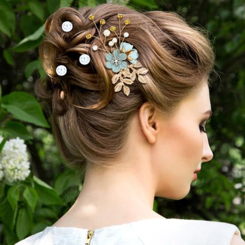inSowni 20 Pieces Rhinestone Pearl Bridal Wedding Party Prom Light Green Flower Hair Side Combs Slides +U-shaped Floral Hair Pins+Twist Spiral Pearl Hairpins for Brides Bridesmaids Girls Women - color: Light Green
