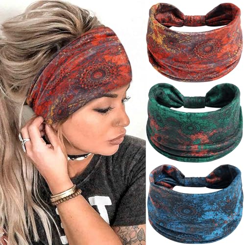 Boho Headbands for Women Elastic Non-slip Twist Knotted Hair Bands Yoga Running Sports Soft Frabic Hair Wrap Sweats Bandanas Accessories for Girls (Pack of 3) - color: multi-color