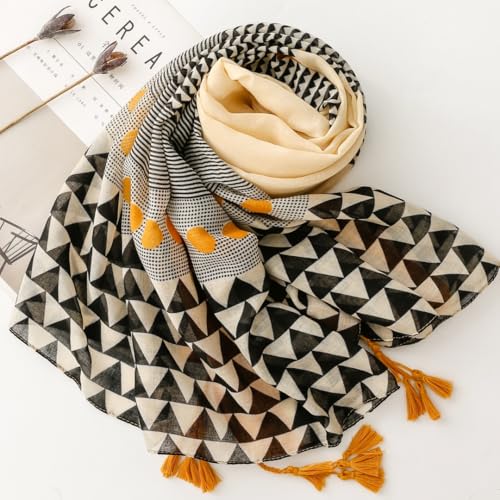 WaJuemy Travel Boho Scarf for Women Casual Lightweight Pashmina Scarves Fashion Multicolor Shawl Wraps with Fringed Beads - color: 01c Yellow Plaid