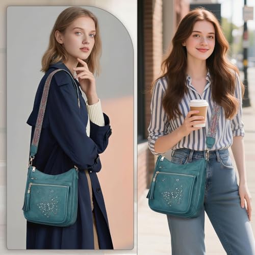 KITEVIUN Medium Crossbody Bags for Women Trendy, Women's Butterfly Shoulder Handbags with Tassel - color: 02-peacock Blue