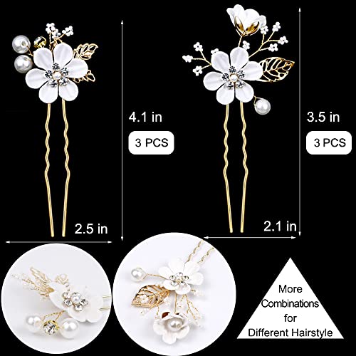 6 PCS Bridal Flower Wedding Hair Pins Crystal Pearl Hair Clips Headpiece Gold Wedding Hair Accessories Jewelry with Rhinestone for Brides Bridesmaids Women Girls Updo (Pure White Flower) - color: Pure White Flower