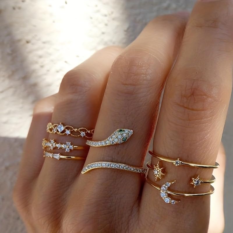 INENIMARTJ Boho Rings for Women Teen Girls,Gold Stacking Rings Set Vintage Knuckle Stackable Moon Star Snake Butterfly Heart Flower Leaf Top Finger Rings - color: I