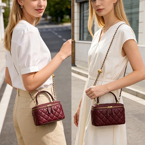 DORIS&JACKY Small Quilted Box Crossbody Purse For Women, Designer Lambskin Leather Mini Top Handle Tote Bag With Chain Strap - color: 5-wine Red