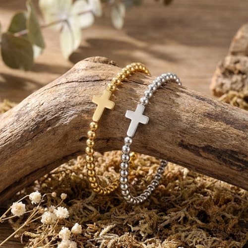 Matching Bracelets for Couple,Gold Silver Beaded Heart Couples Bracelets,Raomantic Relationship Promise Jewelry Gifts for Her - color: Cross