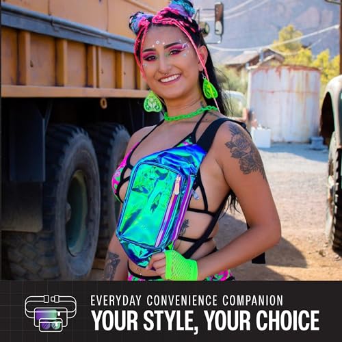 Holographic Fanny Pack Belt bag - Crossbody Waist Bag for Men or Women - Hands-Free, Waterproof Large Bumbag for Hiking, Running, and Travel (purple) - color: Transparent - Purple
