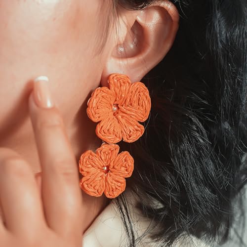 Boho Flower Earrings Statement Raffia Dangle Earrings Cute Floral Jewelry Trendy Summer Beach Vacation Outfits for Women - color: Orange