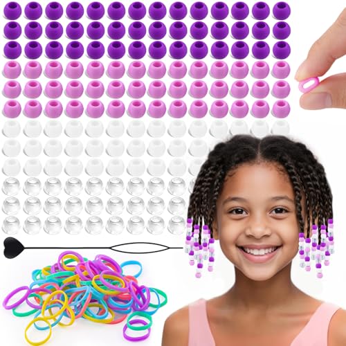 160Pcs 10mm Small Silicone Beads for Hair Braids, Soft Jellyish Pony Hair Beads with 5mm Hole + 50 Rubber Bands and 1 Beader for Braiding, DIY Bracelets Necklaces Crafts (Purple) - color: Purple Mix-160Pcs
