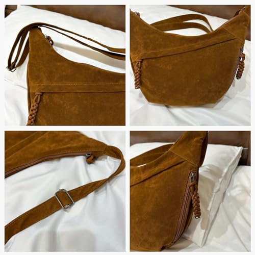 Women's Crescent Crossbody Bag – Large Capacity Suede Sling Bag, Travel Shoulder Bag for Women, Tote Purse - color: Brown