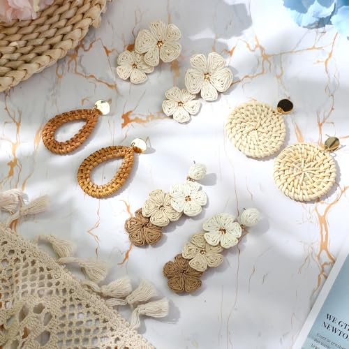 Sumind 4 Pairs Boho Raffia Earrings for Women Flower Round Drop Dangle Woven Earrings Summer Vacation Tropical Beach Natural Handmade Raffia Jewelry Gifts Set Bohemian Accessories