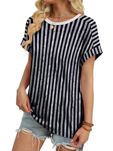 WIHOLL Womens Tops Short Sleeve Shirts Summer Outfits 2026 Spring Dressy Casual Clothes Clothing - color: Black Stripes, size: Medium