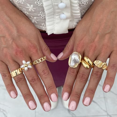 Chunky Gold Rings for Women Non Tarnish Boho Stackable Rings Set Adjustable Open Joint Finger Midi Knuckle Ring Packs - color: Gold Flower Chunky Rings 6Pcs