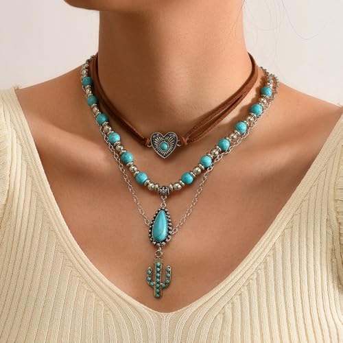 ONLYJUMP Boho Turquoise Leather Choker Necklace for Women Bohemian Handmade Leaf Layered Black Brown Suede Western Cowlady Necklace Western Country Party Jewelry Gifts - style: Cactus