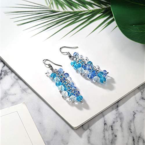 Gem Stone King 2 Inch Ocean Blue Cluster Faceted Crystal Dangle Hook Earrings For Women 2 Inch